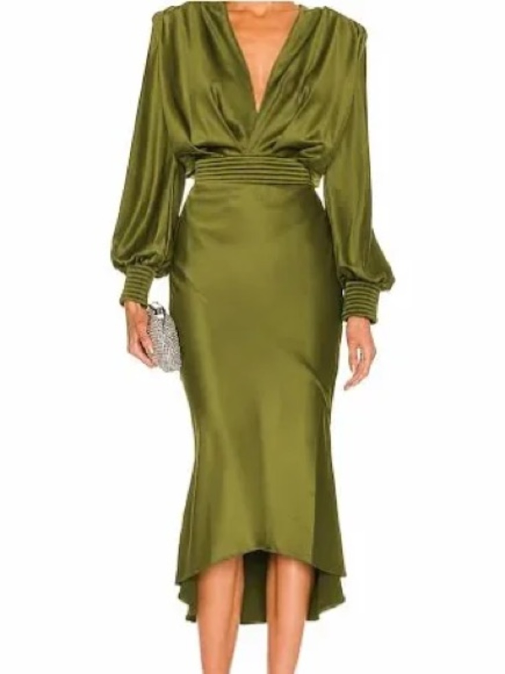 Zhivago Olive Green Satin V-Neck High-Low Dress